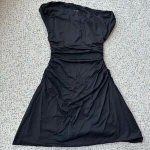 Black Off-Shoulder Mini Dress Women’s Small, Flared at Bottom, Sleeves, Ruched